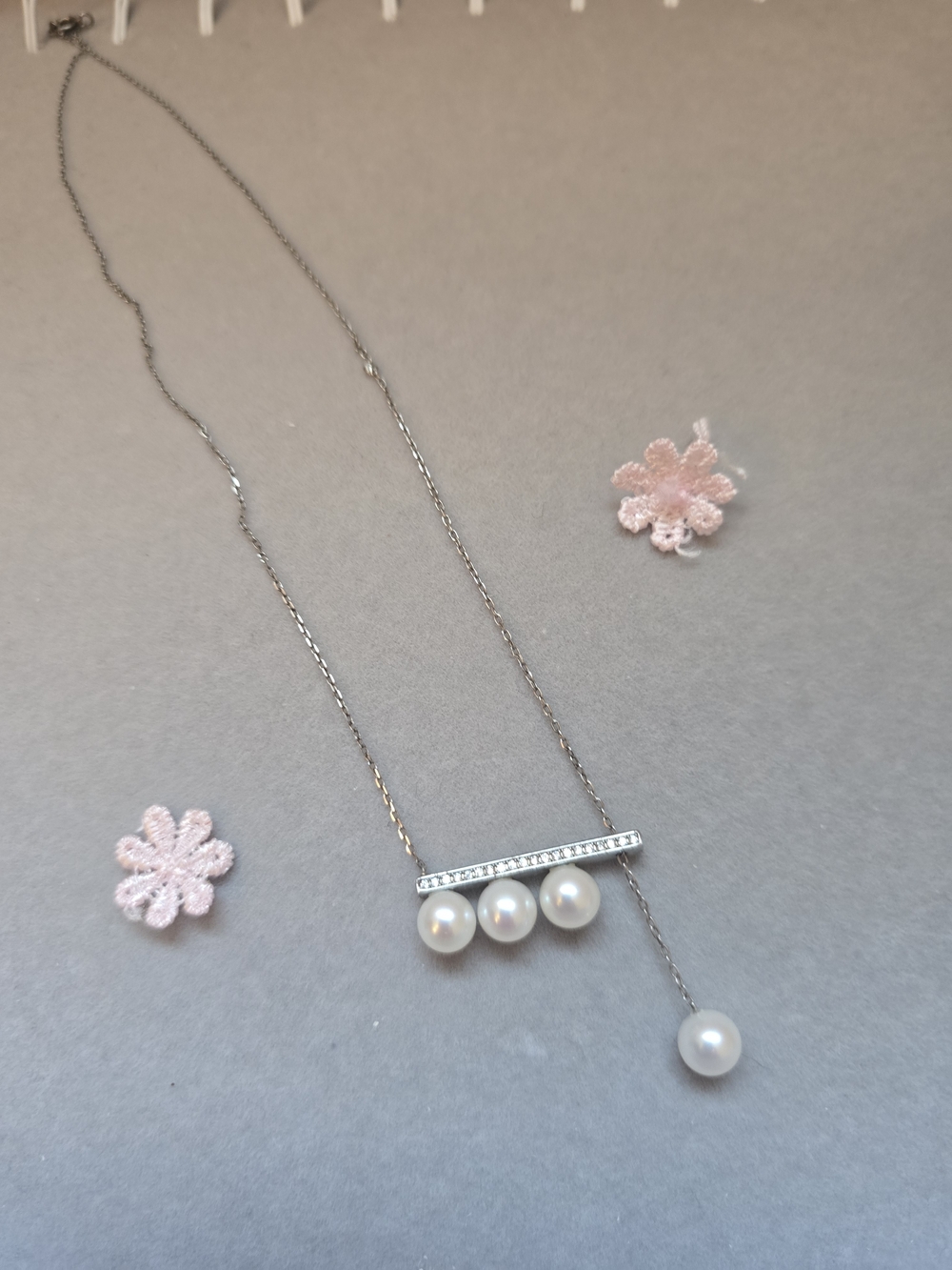 Silver Pearl Bar Drop Necklace with White Pearls